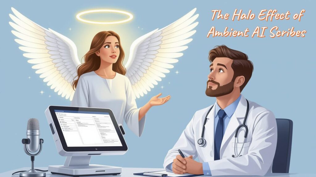 Image of an angel with a halo above a clinician's computer - illustrating the Halo effect