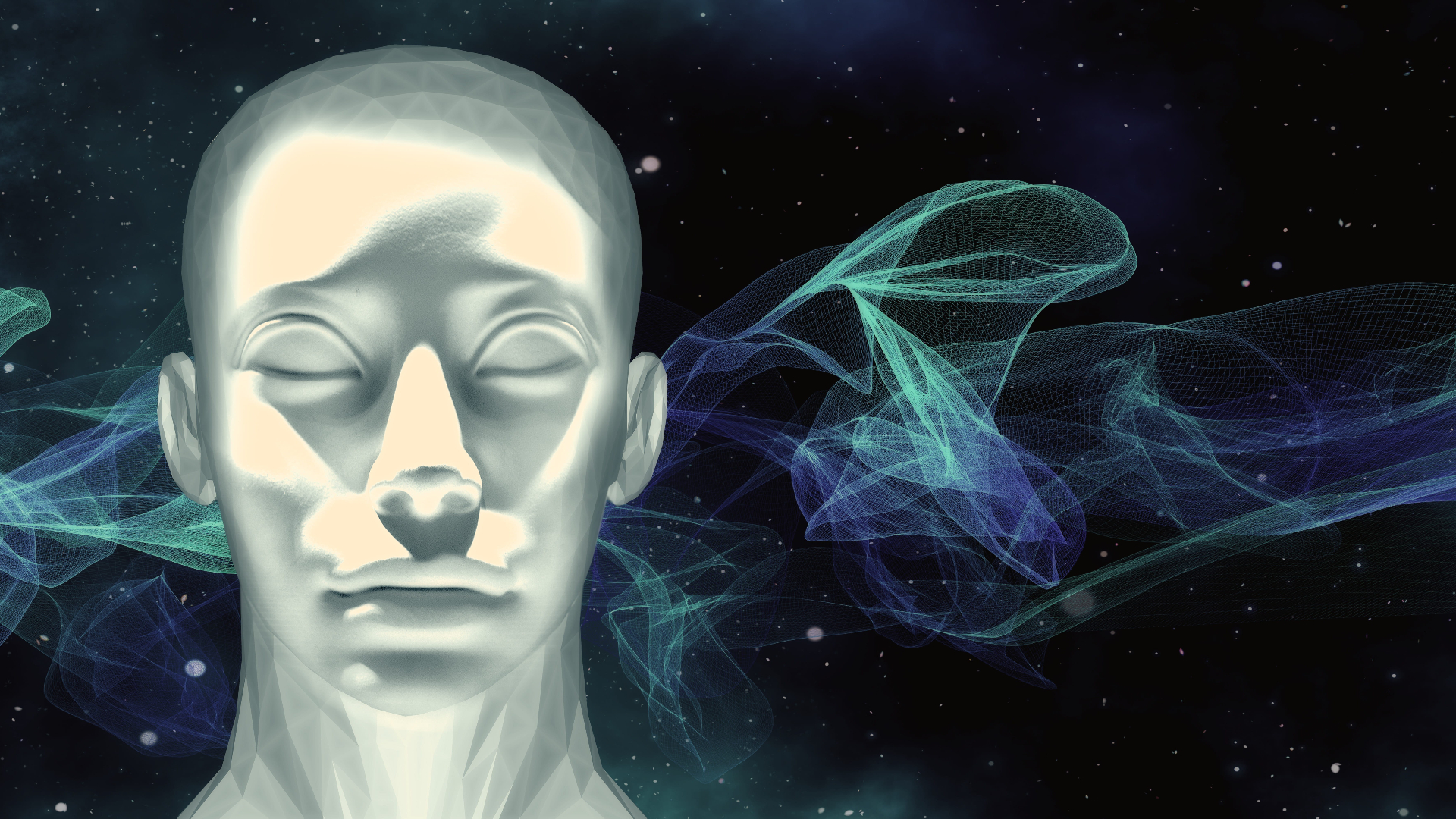 Image of a digital human face in an abstract background