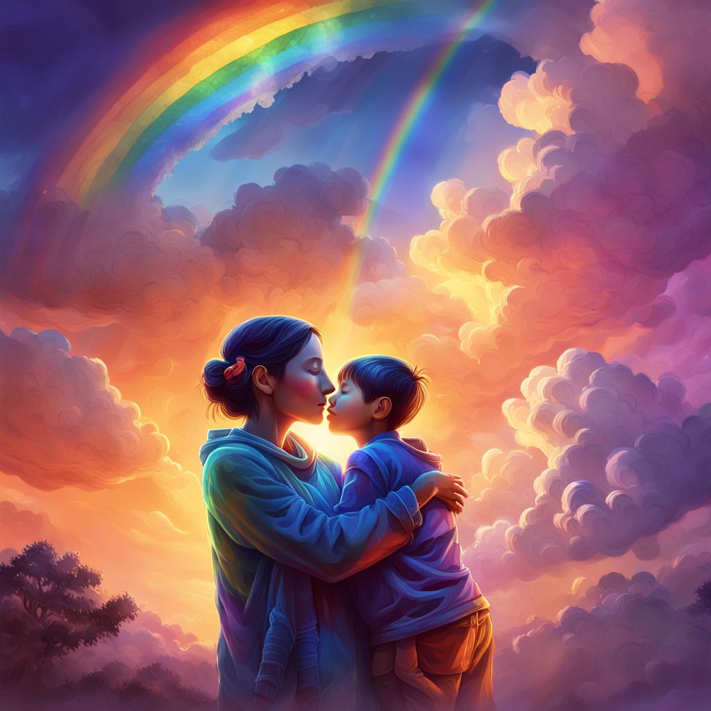 Mother and Son Hugging Under a Rainbow