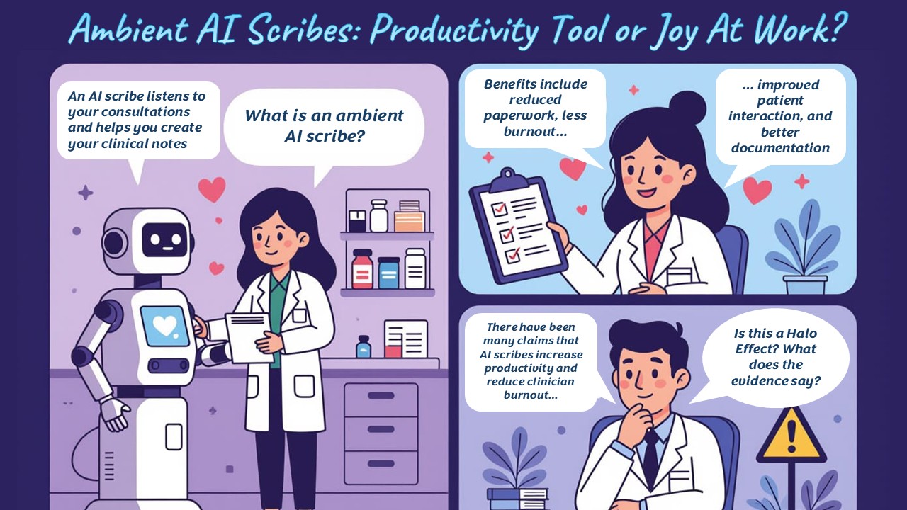 AI generated comic image on whether AI scribes are productivity tools or only provide joy-at-work