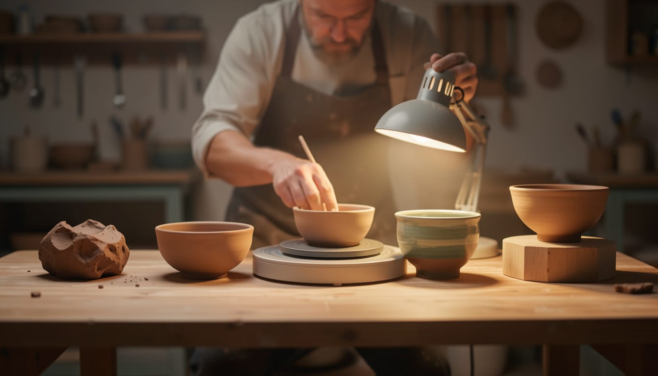 Craftsperson making clay pottery bowls